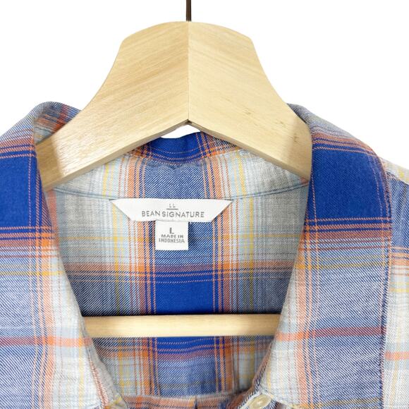 LL Bean Plaid Shirt Womens Large Cotton Button Down Top Blue Tan - Picture 4 of 6